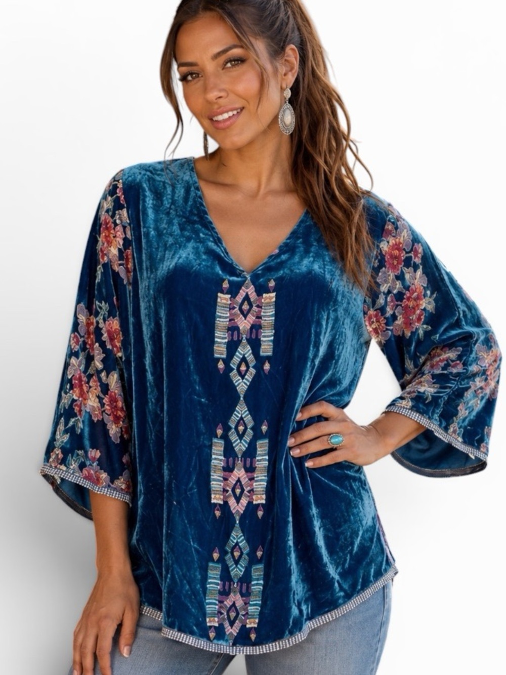 Johnny Was Fabiana Aztec silk velvet Burnout tunic NWT